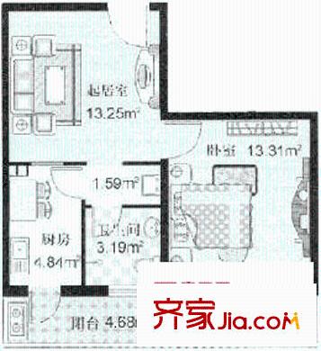 中泽雅园户型图D户型 1室1厅1卫1厨