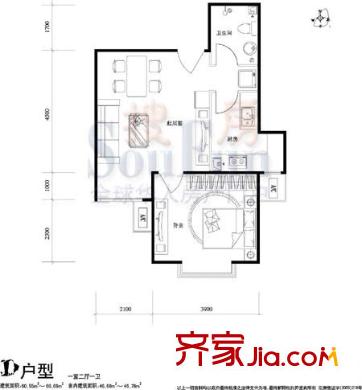 葵花社户型图1号楼D户型 1室2厅1卫1厨