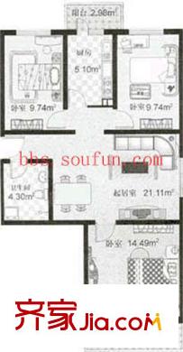 中泽雅园户型图户型图 3室1厅1卫1厨