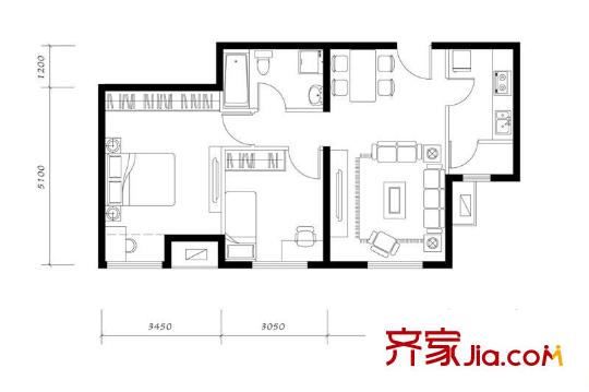 融科香雪兰溪户型图2C户型 2室2厅1卫1厨