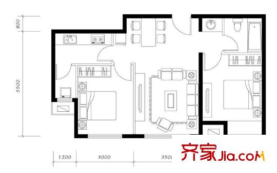 融科香雪兰溪户型图2B’户型 2室2厅1卫1厨