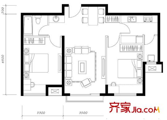 融科香雪兰溪户型图2B1户型 2室2厅1卫1厨