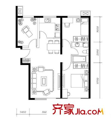 融科香雪兰溪户型图2A3’’户型 2室2厅1卫1厨