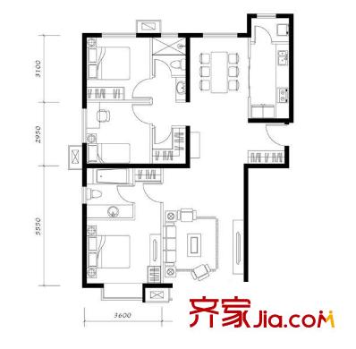 融科香雪兰溪户型图3G户型 3室2厅2卫1厨
