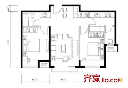 融科香雪兰溪户型图2B1户型 2室2厅1卫1厨