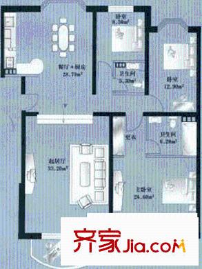 美然百度城户型图户型图 3室2厅2卫1厨