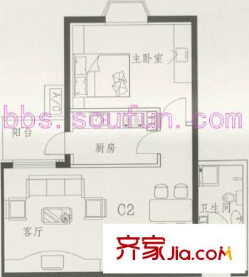 梨园小镇户型图C2户型 1室1厅1卫1厨