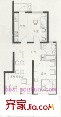 梨园小镇户型图B2户型 2室2厅1卫1厨
