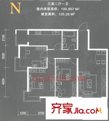 摩卡空间户型图N户型 3室2厅1卫1厨