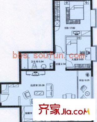 裕瑞轩户型图三单元3号1-14层 2室2厅1卫1厨
