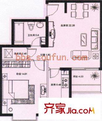 裕瑞轩户型图一单元4号1-14层 1室2厅1卫1厨