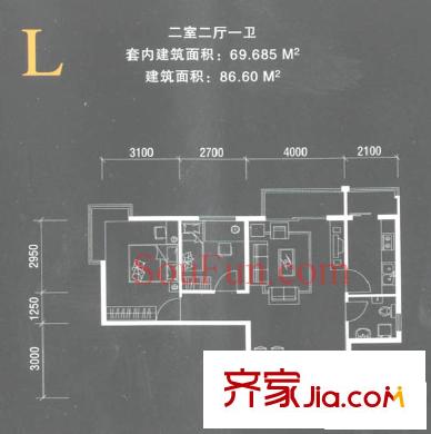 摩卡空间户型图L户型 2室2厅1卫1厨