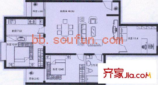 裕瑞轩户型图三单元1号2-14层 3室2厅1卫1厨