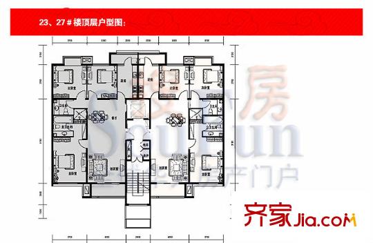朝阳旺角户型图23#顶层户型 3室2厅2卫1厨