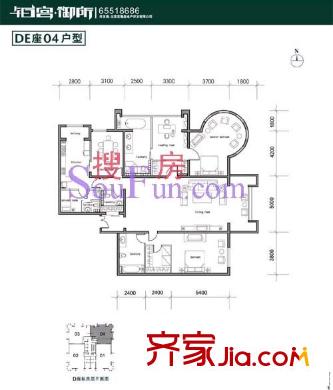 铂宫国际中心户型图DE座04户型 4室2厅3卫1厨