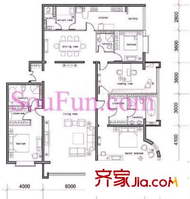 铂宫国际中心户型图公寓01户型 5室2厅3卫1厨