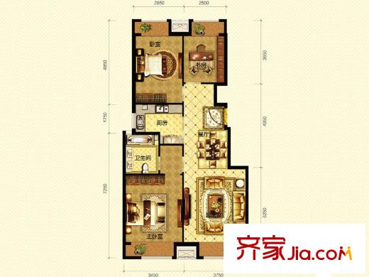 芭蕾雨悦都户型图五期C1户型 3室2厅1卫1厨
