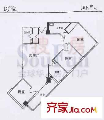 利景名门户型图D户型 3室1厅2卫1厨