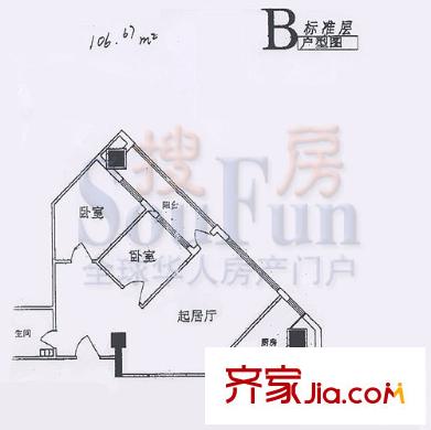 利景名门户型图B户型 2室1厅1卫1厨