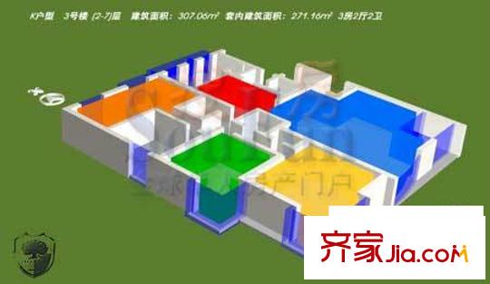 康斯丹郡户型图二期3号楼K户型 3室2厅2卫1厨
