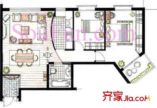 阳光100国际公寓户型图B户型 2室1厅1卫1厨