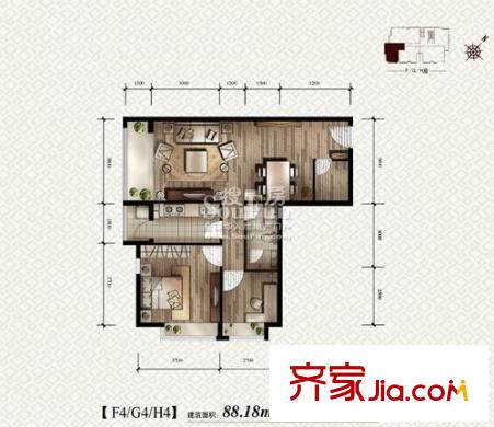 金地名京户型图F4G4H4 1室2厅1卫1厨