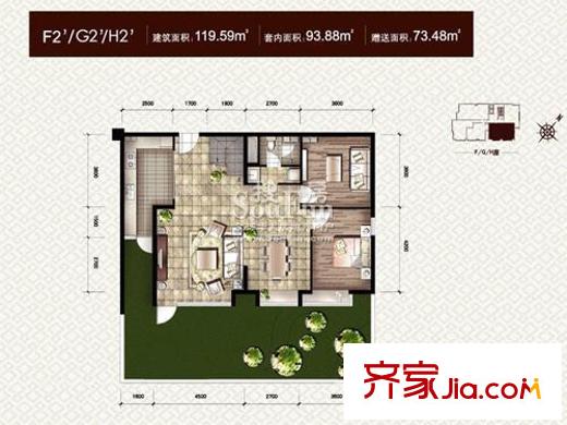 金地名京户型图loftF2G2H2一层户型 2室1厅1卫1厨