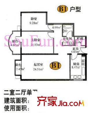 富仁名苑户型图B1户型 2室2厅1卫1厨