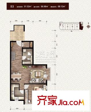 金地名京户型图loftB3一层户型 1室2厅1卫1厨