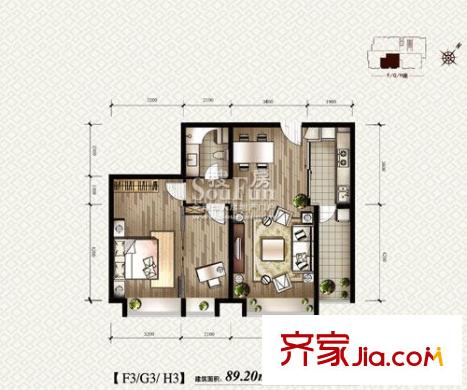 金地名京户型图F3G3H3户型 1室2厅1卫1厨