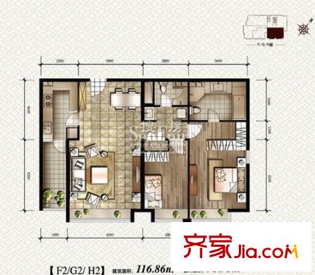金地名京户型图F2G2H2户型 2室2厅2卫1厨