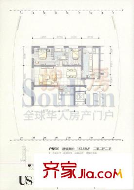 US联邦公寓户型图D户型 2室2厅2卫1厨
