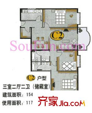 富仁名苑户型图C2户型 3室2厅2卫1厨