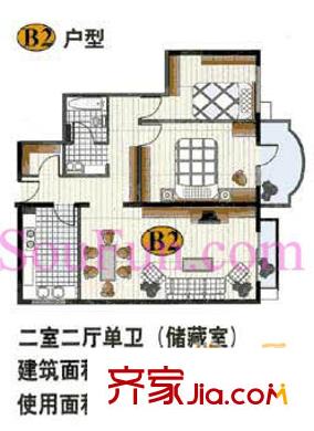 富仁名苑户型图B2户型 2室2厅1卫1厨