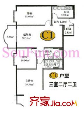 富仁名苑户型图C1户型 3室2厅2卫1厨
