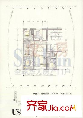US联邦公寓户型图F户型 3室2厅2卫1厨