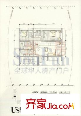 US联邦公寓户型图G户型 3室2厅2卫1厨