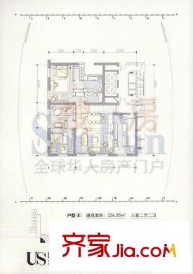 US联邦公寓户型图B户型 3室2厅2卫1厨