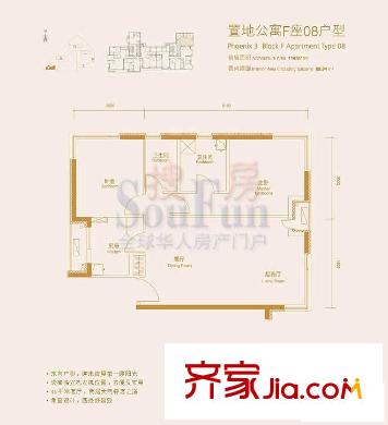 凤凰城三期户型图F座08户型 2室2厅2卫1厨