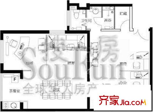 优士阁户型图B座03户型 1室1厅1卫1厨