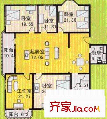 加利大厦户型图A座A4户型 5室2厅2卫1厨