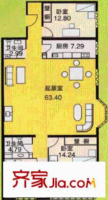 加利大厦户型图A座A2户型 3室1厅2卫1厨