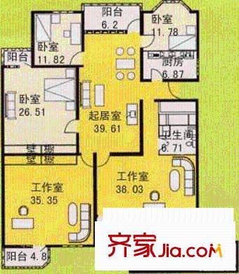 加利大厦户型图B座B4户型 5室2厅2卫1厨
