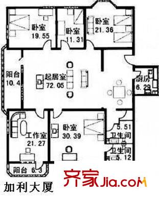 加利大厦1号楼E4户型