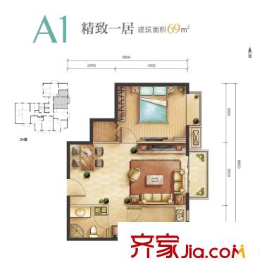 远洋新悦户型图A1户型 1室2厅1卫1厨