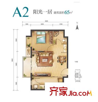 远洋新悦户型图A2户型 1室2厅1卫1厨