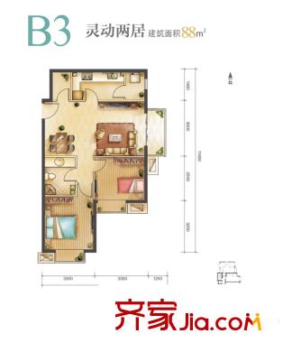 远洋新悦户型图B3户型 2室2厅1卫1厨