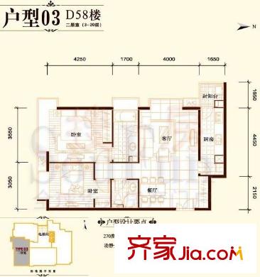 富力城D区户型图D58-03户型 2室2厅2卫1厨