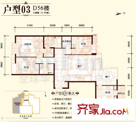 富力城D区户型图D56.D57-03户型 3室2厅2卫1厨