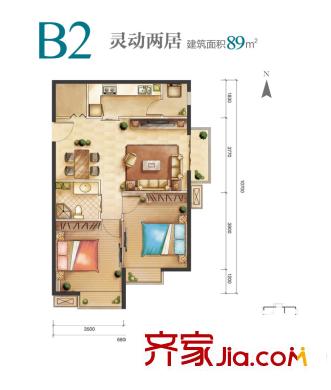 远洋新悦户型图B2户型 2室2厅1卫1厨